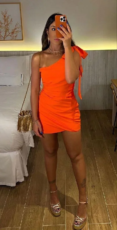 Orange One Shoulder Sheath Mini Party Dress Homecoming Dress, DP3320 Tunics Party sparkling