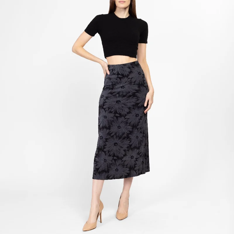 Small 90s Slinky Black & Grey Floral Midi Skirt silk skirt lustrous