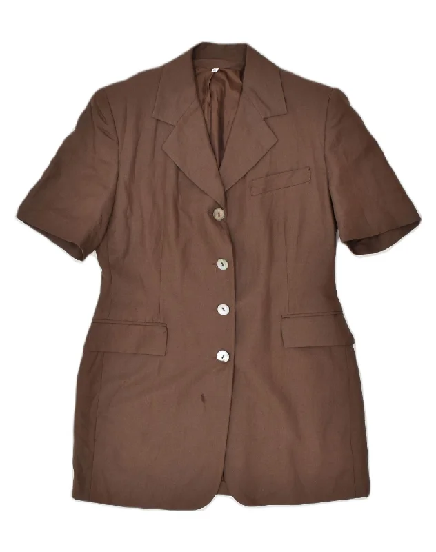 VINTAGE Womens 4 Button Short Sleeve Blazer Jacket IT 46 Large Brown Flax Hoodie Zip-Up Jacket Button-Up Jacket