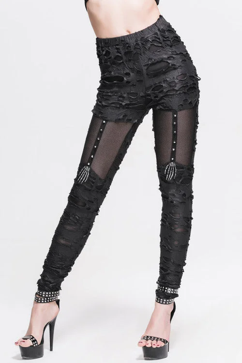 Black Sexy Skeleton Palm Ripped Knitted Gothic Womens Pants Cozy Full-Length Pants