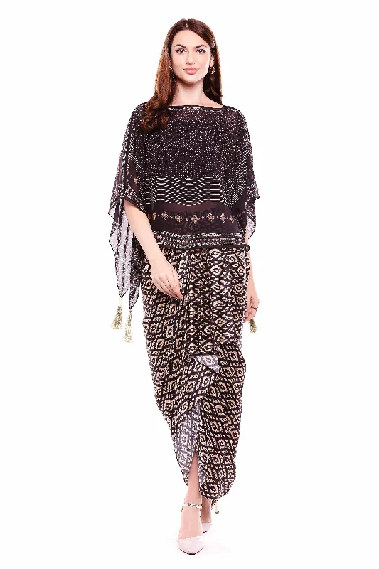 Chiffon kaftan top with antique gold Zardosi embroidery top with Ikkat print drape skirt flowy skirt hem