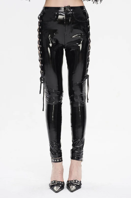Black Patent Leather Side Cutout Lace Up Women's Punk Pants Lightweight Linen Pants