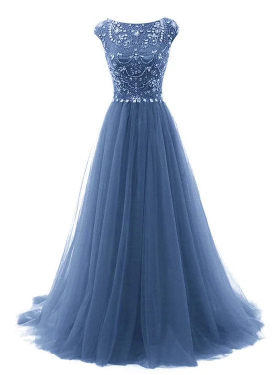 Beautiful Blue Round Neckline Beaded A-line Party Dresses, Long Formal Gowns Chiffon Maxi Beach