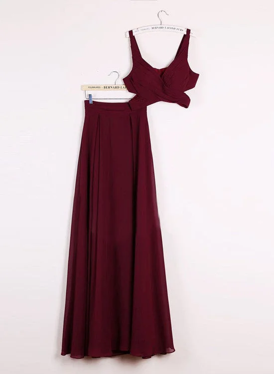 Wine Red Chiffon Two Piece Floor Length Party Dress, Wine Red Prom Gowns, Party Dress 2018 Tunics Prom sequined