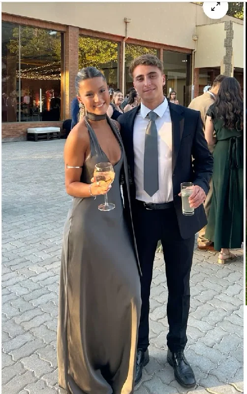 Grey Halter V Neck Simple Long Party Dress Cocktail Dress, DP3333 Tunics Evening elegant