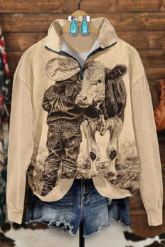 Vintage Western Cow Print Zip-Up Sweatshirt Hoodie Sweatshirt Pullover