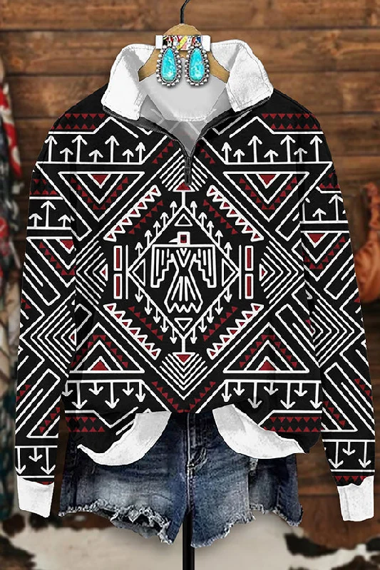 Retro Western Aztec Print Zip-Up Sweatshirt Hoodie with Longline Fit Extended Stylish