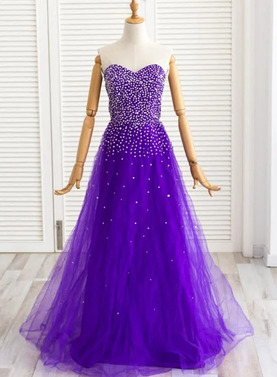 Dark Purple Beaded Tulle Long Tulle Party Dress, Gorgeous Formal Dress for Party Tunics Print Colorful