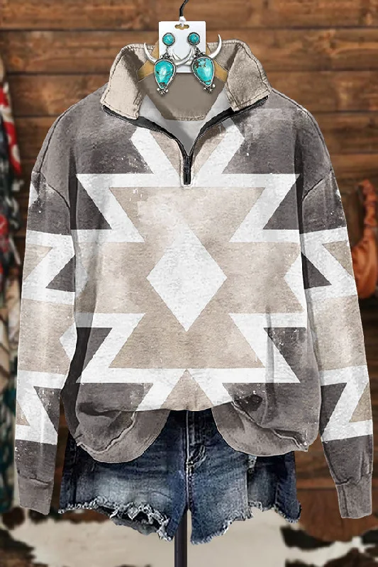 Retro Western Aztec Printed Zipper Sweatshirt Hoodie with Elastic Waist Stretchable Comfortable