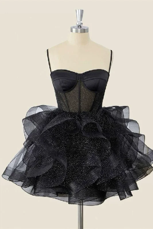 Black A-Line Straps Tulle Homecoming Dress Mini Party Dress, DP3031 Tunics Chinos classic