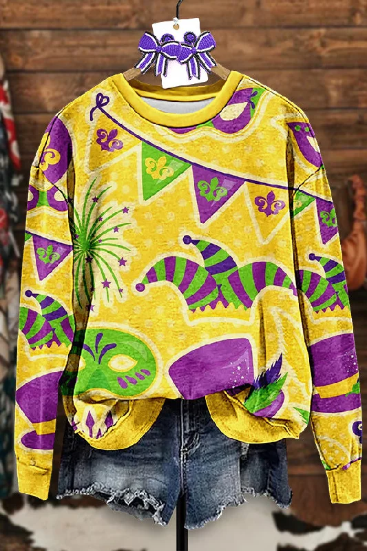 Vintage Mardi Gras Print Sweatshirt Hoodie with Hem Embroidery Detailed Premium