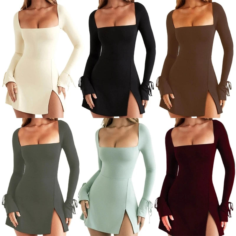 Womens Square Neck Work Business Cocktail Bodycon Sheath 2023 New Solid Color Skirt Long Sleeve for Parties N7YD velvet skirt sumptuous