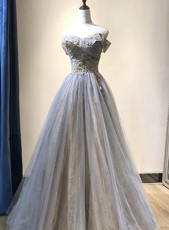 Charming Grey-Blue Tulle Floor Length Party Dress , Beautiful Formal Gown Tunics Occasion special