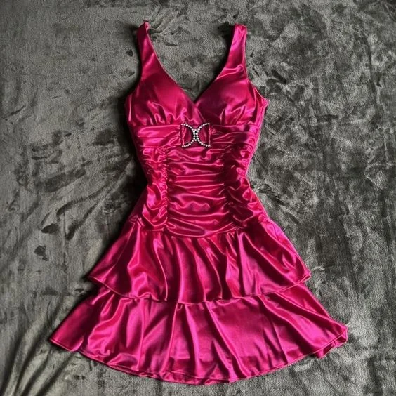 Hot Pink Straps V Neck Short Vintage Evening Party Dress, DP3023 Tunics Yoga stretchy
