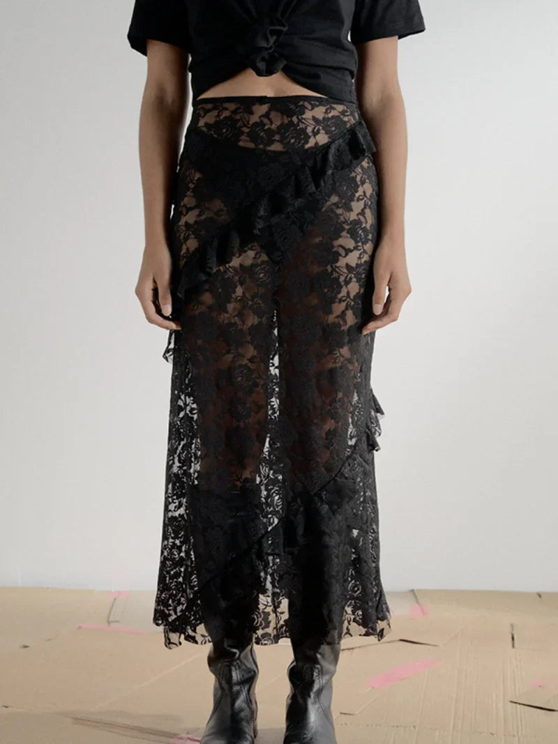 Fashion Lace High Waist Ruffles See-through Skirt velvet skirt plush