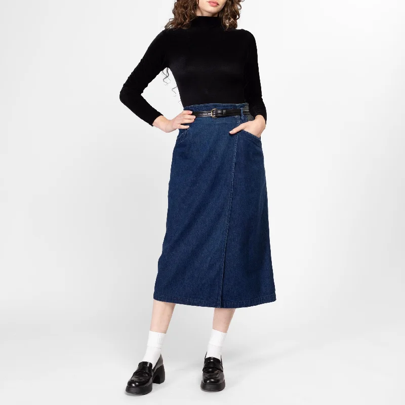 Medium 80s Calvin Klein Dark Wash Denim Midi Wrap Skirt 29"-30" belted skirt waist