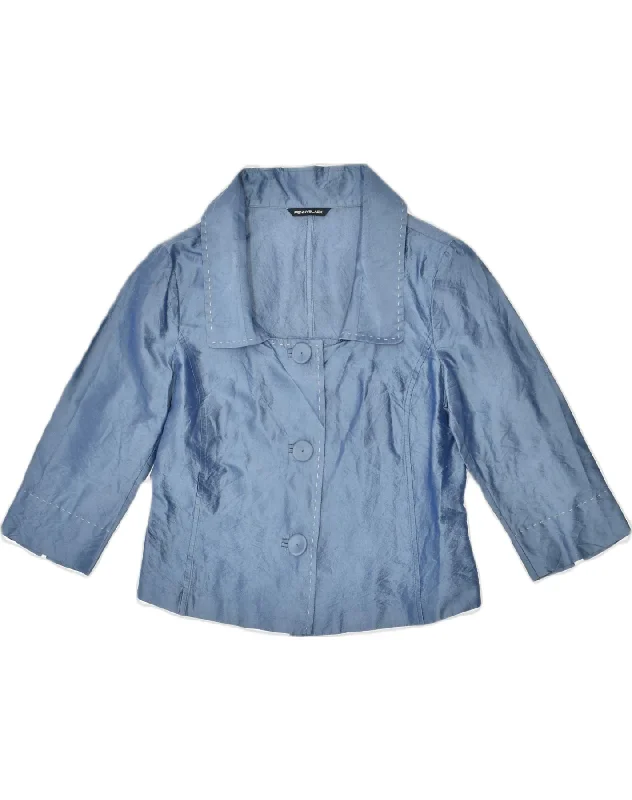PENNY BLACK Womens 3/4 Sleeve Crop Blazer Jacket UK 10 Small Blue Silk Snapped Jacket Toggled Jacket Drawstring Jacket