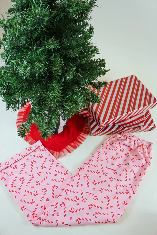 Pink Candy Cane Christmas PJ Pants Trendy Wide-Leg Pants