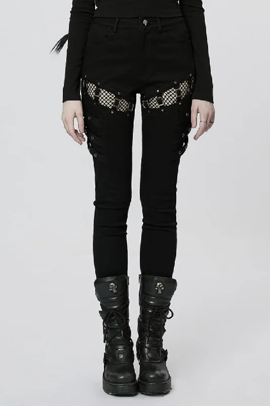 Black Stitching Slim Mesh Buckles Metal Hardware Women's Steampunk Pants Relaxed Lounge Trousers
