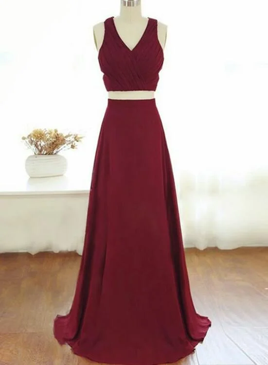 Wine Red Two Piece Chiffon Party Dress , Two Piece Formal Gowns, Prom Dress Tunics Mesh breathable