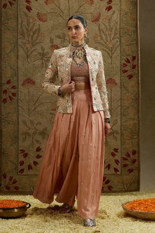 PINK EMBELLSIHED JACKET PAIRED WITH BUSTIER AND EMBELLISHED PLEATED PANTS Knit Fabric Woven Fabric Fleece Fabric