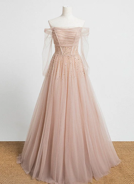 Pearl Pink Off Shoulder Long Sleeves Sequins Prom Dress, A-line Party Dress Formal Dress Tunics Fall fleece