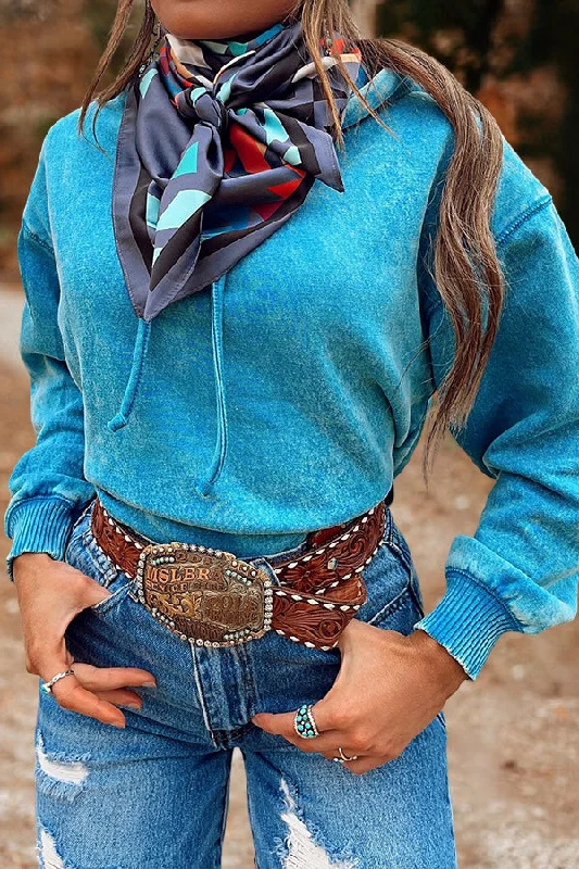 Western Turquoise Hoodie Hoodie with Hem Applique Textured Unique