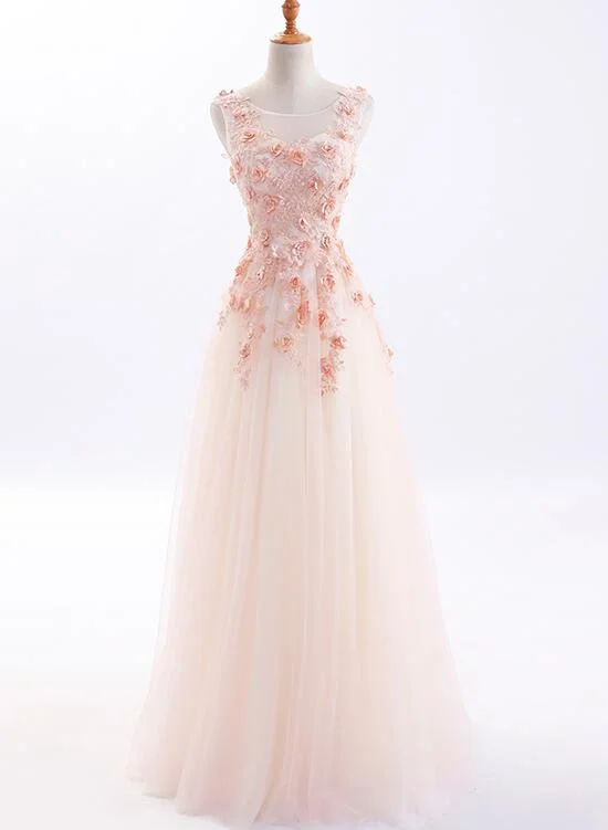 Beautiful Tulle Long Formal Gowns, Flowers Party Dresses, Long Prom Dress Boat Neckline Classic