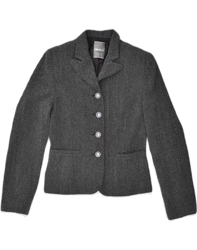 VINTAGE Womens 4 Button Blazer Jacket UK 8 Small Grey Wool Print Jacket Jacquard Jacket Patchwork Jacket