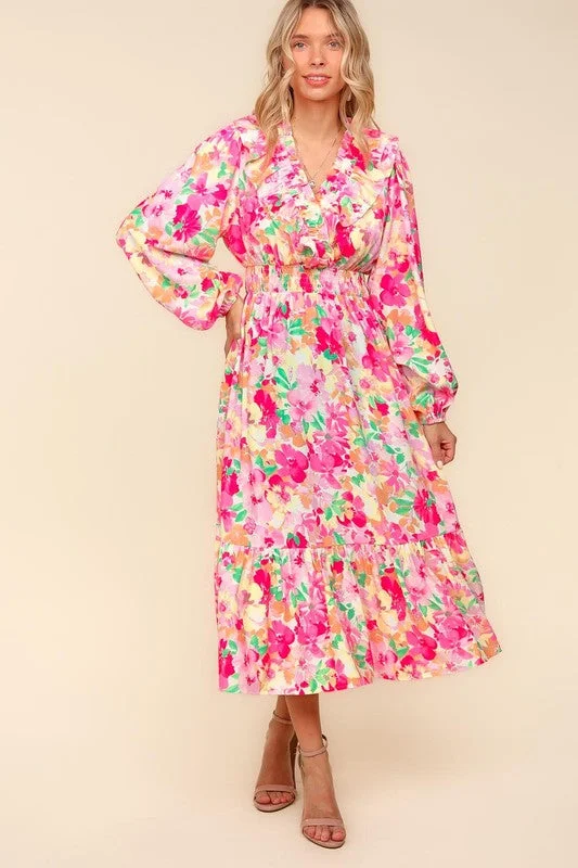 Haptics Full Size Floral Surplice Balloon Sleeve Dress with Side Pockets Tunics Hiking breathable