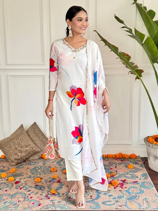 Women V Neck Embroidered Work Cotton Fabric Kurta & Pant With Dupatta Set - Taantav Trendy Printed Leggings