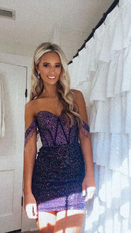 Dark Purple Off Shoulder Beading Short Party Dress Homecoming Dress, DP3427 Tunics Mesh breathable