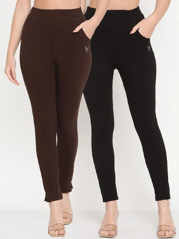 TAG 7 Women Pack of 2 Brown & Black Solid Kurti Pants Soft Stretch Pants