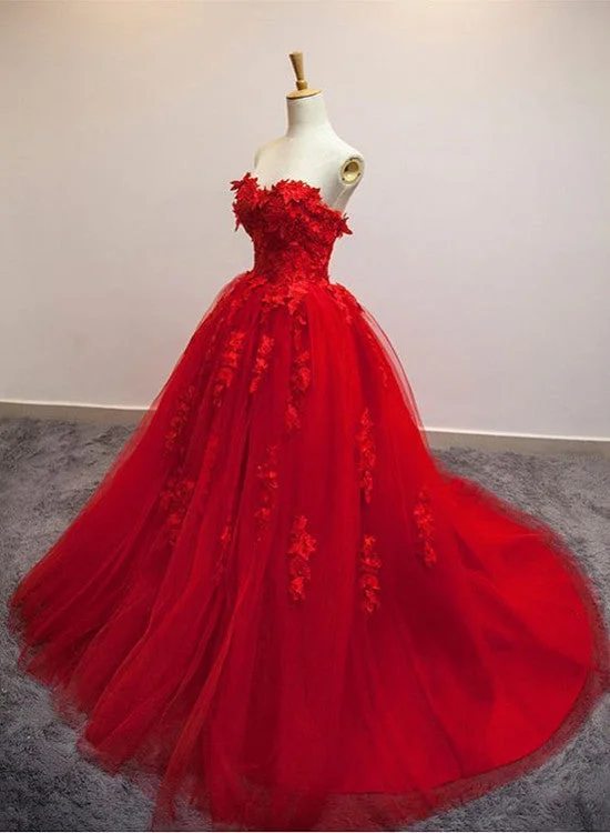 Red Gorgeous Floor Length Gowns, Handmade Floral Lace Applique Party Dresses, Prom Dresses Tunics Designer luxury