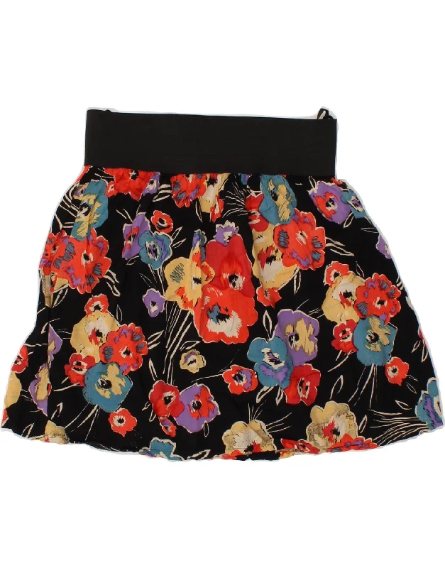 VINTAGE Womens Mini Skirt Large W32 Black Floral Rayon wool skirt thick