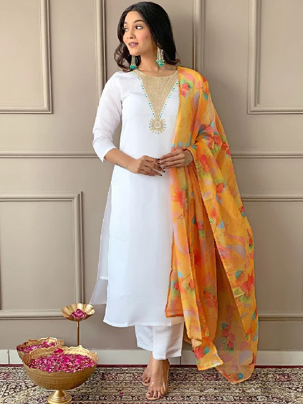 Women Round Neck Embroidery Rayon Blend Fabric Kurta & Pant With Dupatta Set - Taantav Comfortable Wide-Leg Pants