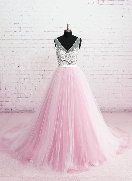 Beautiful Pink Tulle V-neckline Prom Dress , Pink Wedding Party Dresses Tunics Chic fashionable