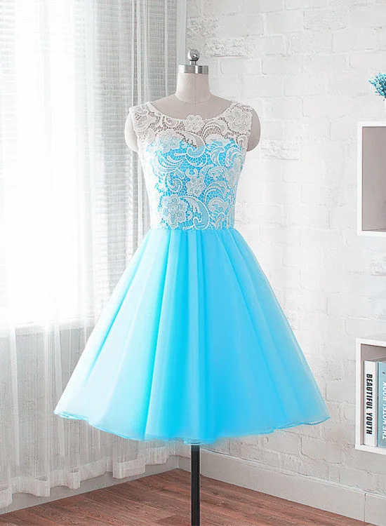 Blue Short Lace Party Dresses, Teen Formal Dresses, Junior Party Dresses Tunics Trousers formal