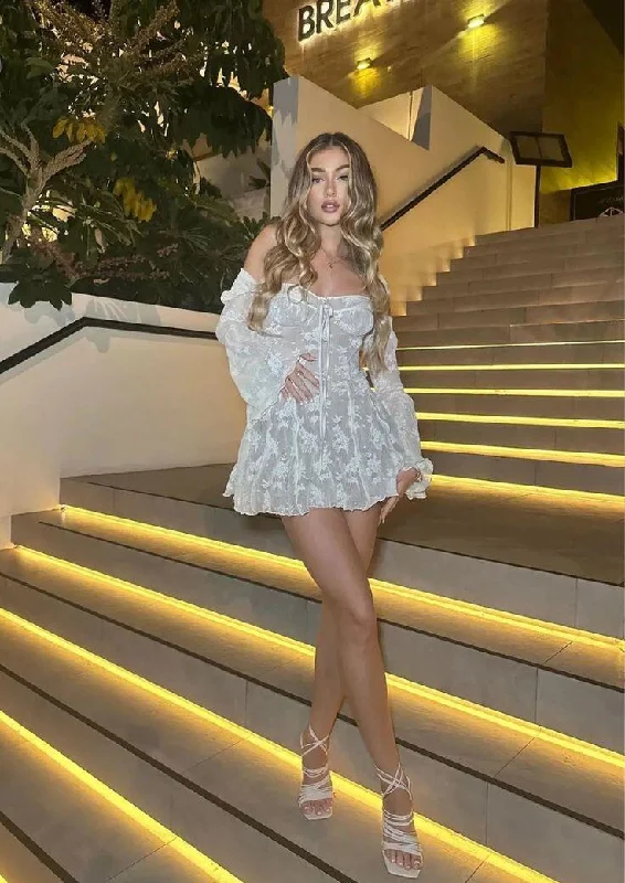 White Off Shoulder Long Sleeves A-Line Short Party Dress Birthday Outfits, DP3219 Tunics Versatile functional