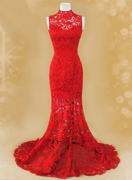 Red Lace Gorgeous Mermaid Gown, Red Lace Prom Dress, Wedding Party Dress Tunics Travel practical
