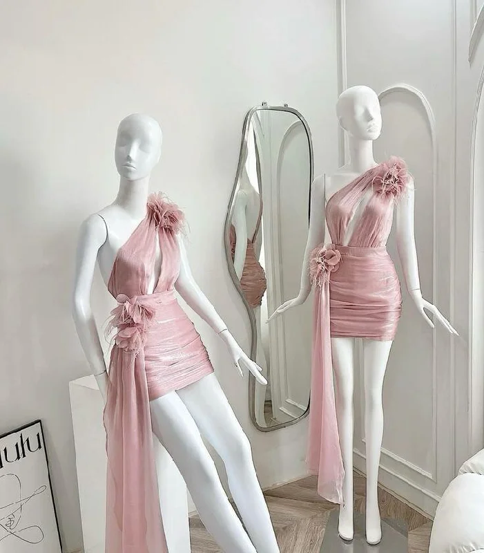 Pink One Shoulder Sheath Mini Party Dress Homecoming Dress, DP3052 Tunics Lace romantic