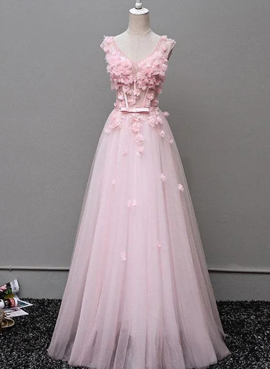 Cute V-neckline Floral and Tulle Long Formal Gowns, Evening Gowns, Party Dress Tunics stripes playful