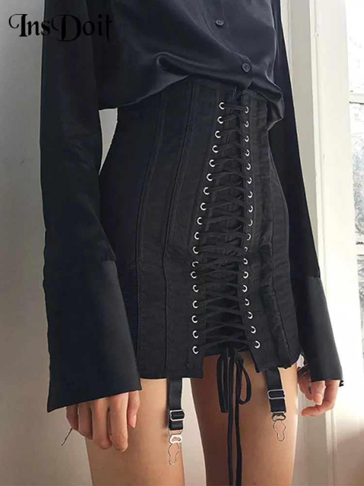 InsDoit Gothic Y2K Vintage Mini Skirt Women Punk Patchwork Summer High Waist Skirt Bodycon Eyelet Lace Up Aesthetic Sexy Skirts chiffon skirt lightweight