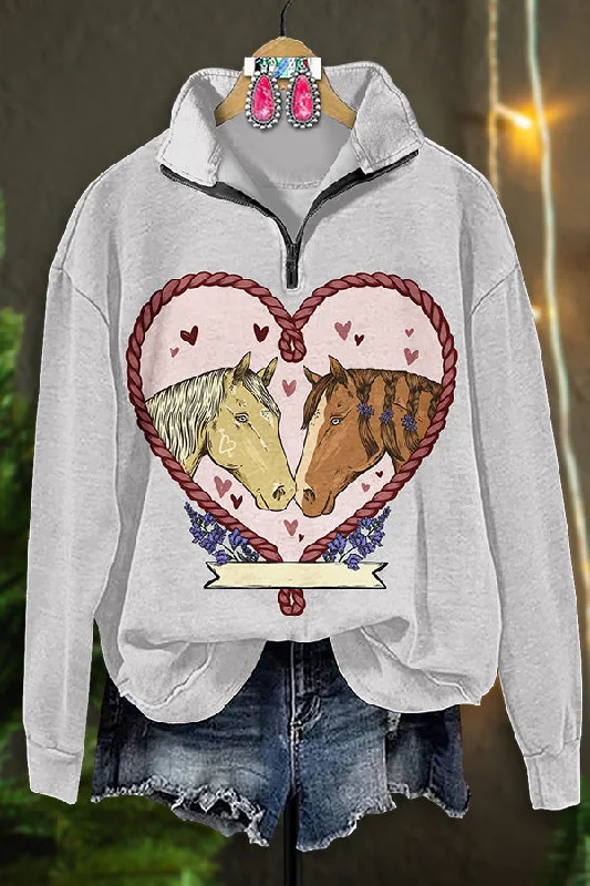 Retro Western Valentine's Day Print Zip-Up Sweatshirt Hoodie with Drop Shoulder Relaxed Streetwear
