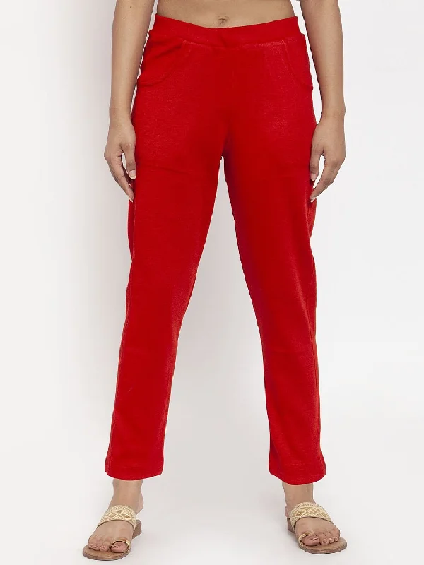 TAG 7 Women Red Solid Ankle-Length Woolen Pants Comfortable Wide-Leg Pants