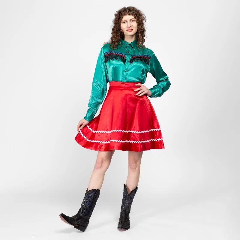 Small 70s Red Satin Square Dance Skirt 26.5" button skirt front