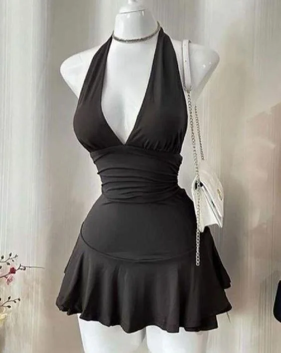 Black V Neck Halter Short Party Dress Homecoming Dress, DP3280 Tunics Ceremony elegant