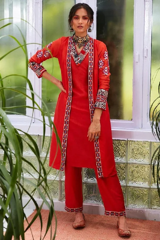 ORANGE EMBROIDERED OPEN JACKET WITH INNER AND PANTS Ribbed Jacket Pleated Jacket Ruffled Jacket