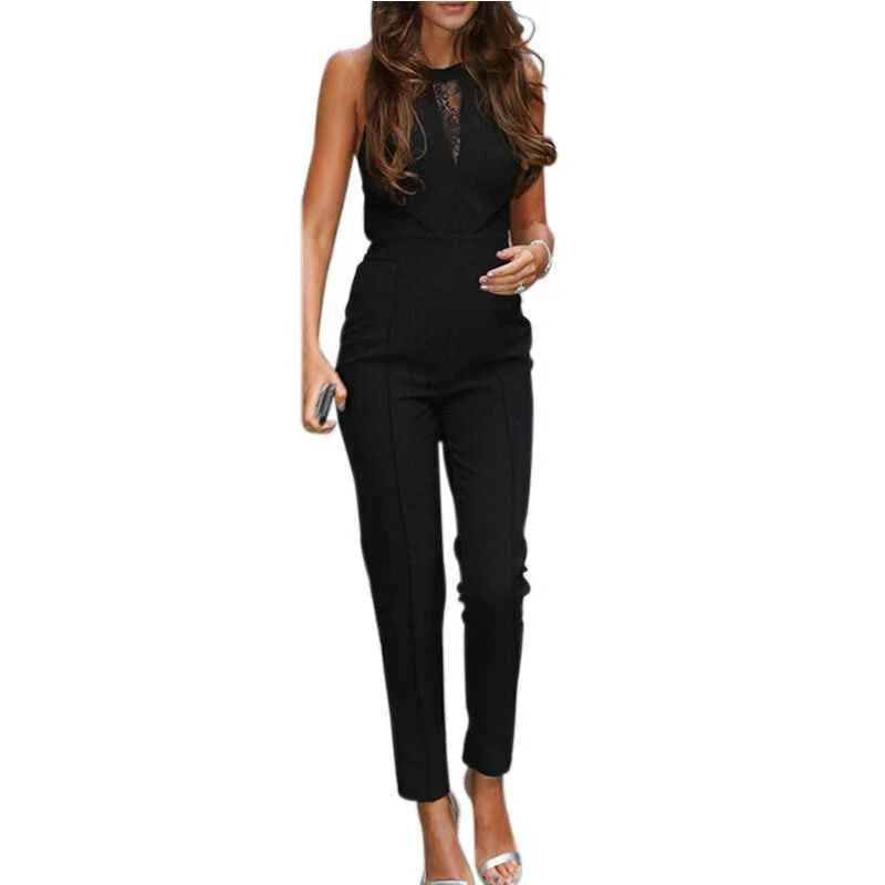 Bodycon Jumpsuits Womens Sleeveless Lace Patchwork Rompers Playsuits Black Pants Plus Size XS-4XL Slim Fit Casual Pants