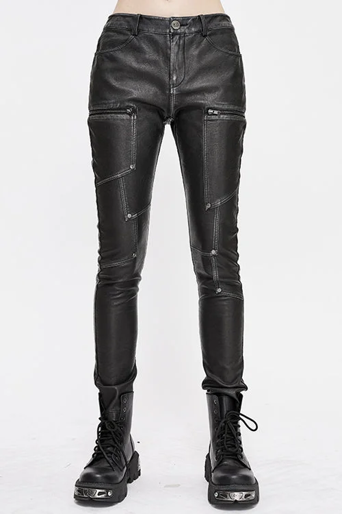 Black Punk Biker Block Shaped Patchwork Hand Rubbed Leather Womens Pants Chic Slim Fit Pants